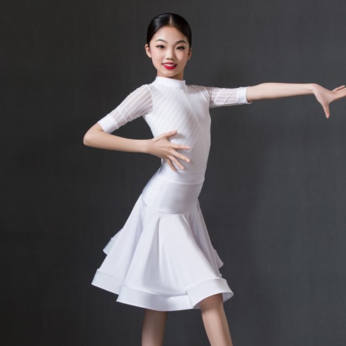 Girls White Latin dance dresses standard competition ballroom dance dresses girl latin performance clothes  middle sleeves two peices children latin skirts